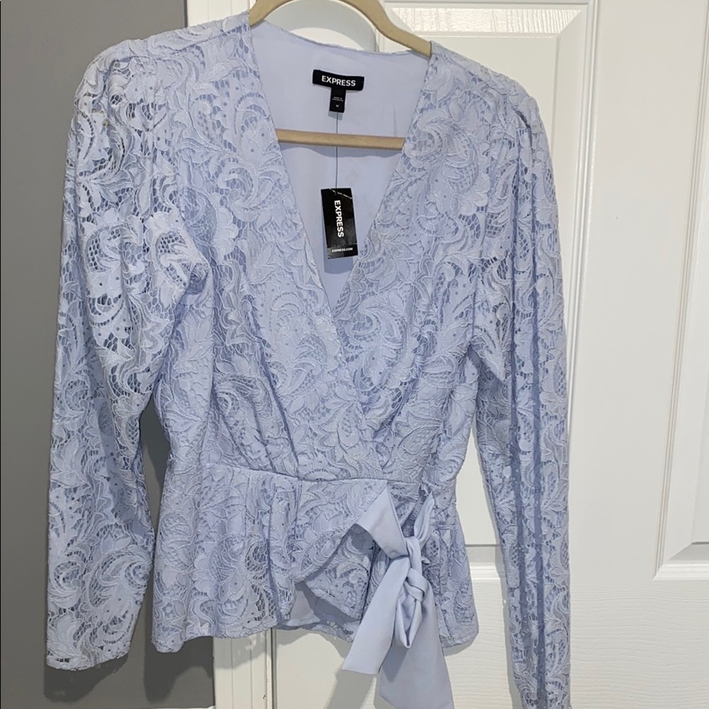 Express Women's Lace Wrap Top - Light Blue